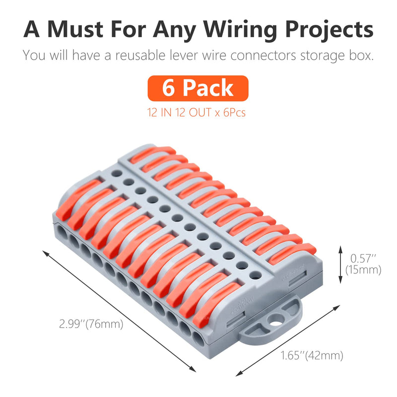 6Pcs Lever Wire Connectors, 12 Position Terminal Strip Conductor Electrical Connectors Kit for Circuit Inline 24-12 AWG