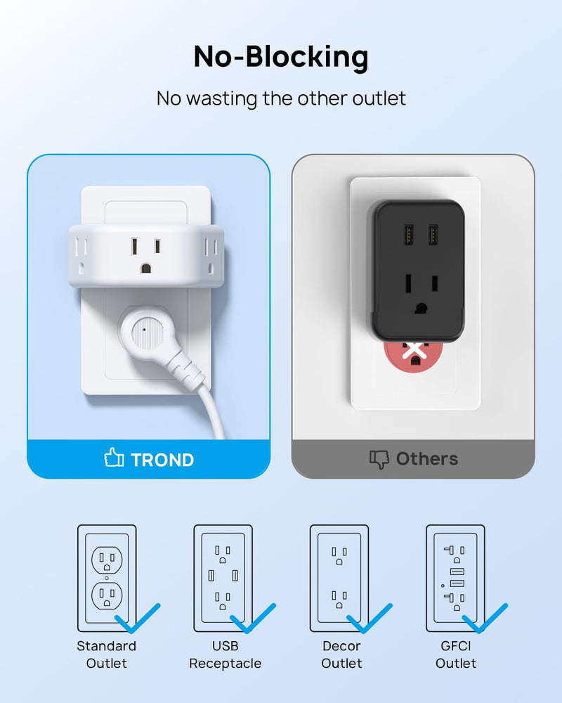TROND Multi Plug Outlet Extender 2 Pack - Electrical Wall Splitter, 3 Way Angled Wall Outlet Adapter, Cruise Essentials, Small Multiple Plug Expander for Cruise Ship Home Office Dorm Room, White 3AC, 2 Pack