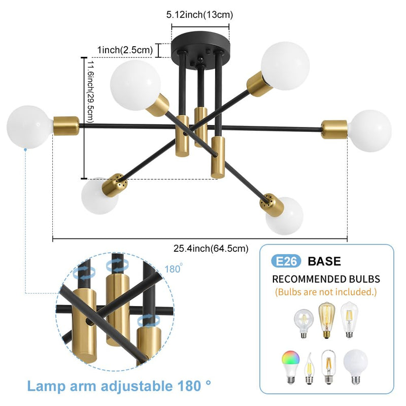 Biewalk Sputnik Chandelier, Mid Century Modern Nordic Pendant Lighting 6 Lights Ceiling Light Fixture Black and Gold Chandelier, for Living Room Kitchen Bedroom Dining Room (E26 Bulb Excluded) Black Gold 6-Light no lampshade