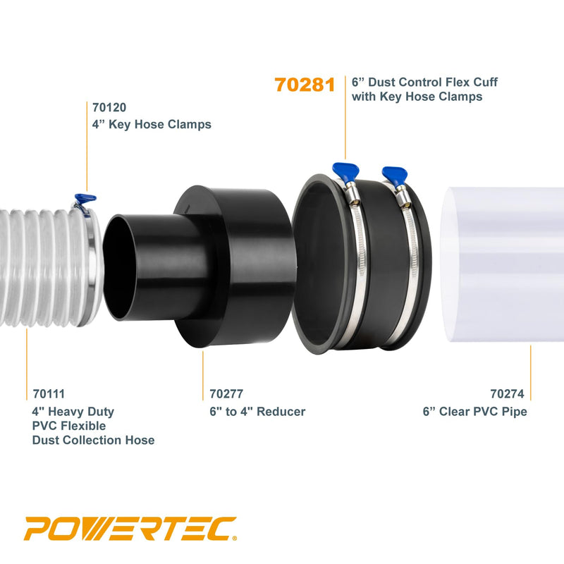 POWERTEC 70260 4 Inch Key Hose Clamp, Thumb Screw Key Adjustable Stainless Steel Hose Clamps for Dust Collection, Dust Collector and Dryer Vent Hose, Pipe Clamp, RV Clamp, Worm Gear Clamp, 10 pack Key clamps (10 PK)