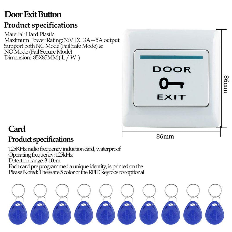 Door Access Control System Kit, RFID Keyboard with Rain Cover, 180/350lbs Magnetic Lock, DC12V Power Supply, 10Pcs 125KHZ ID Keyfobs,Door Safety Switch Applies to Outdoor