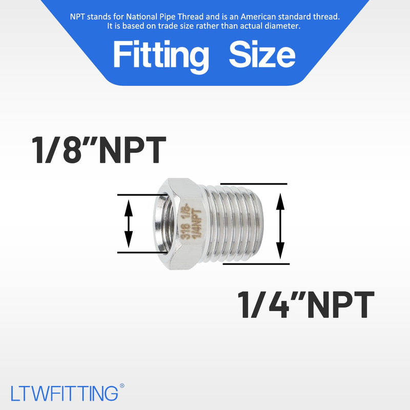LTWFITTING Bar Production Stainless Steel 316 Pipe Hex Bushing Reducer Fittings 1/4" Male x 1/8" Female NPT Fuel Water Boat (Pack of 25)