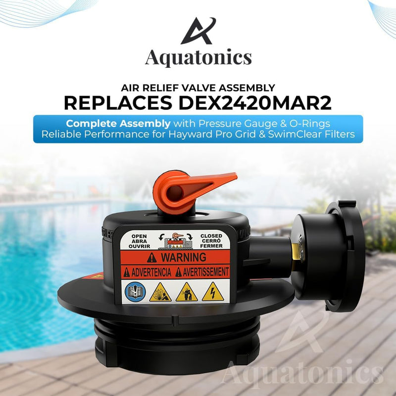 Replacement DEX2420MAR2 Manual Air Relief Valve Assembly with Pressure Gauge and O-Rings - Compatible with Hayward Pro Grid DE Filters, SwimClear Cartridge Filters - Durable Pool Filter