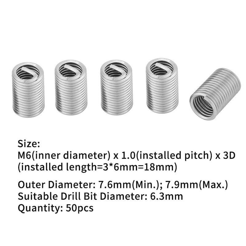 M6 Helicoil Inserts 6Mm Helicoil Bits Stainless Steel 304 50Pcs Stainless Steel Ss304 Coiled Wire Helical Screw Thread Inserts M6 X 1.0 X 3D Length