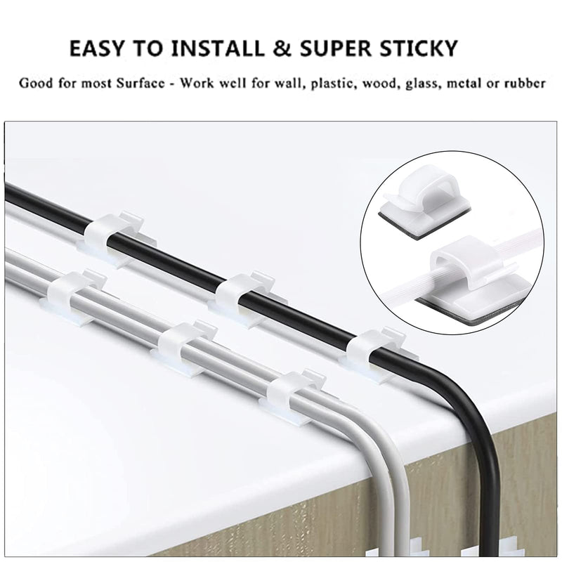 White Cable Management Organizer Kit, 2 Wire Sleeve Protector, 41 Self Adhesive Cable Clips Holder, 10pcs+2 Roll Reusable Cable Ties and 100 Cable Zip Ties for TV Computer Cord Tidy Under Desk White