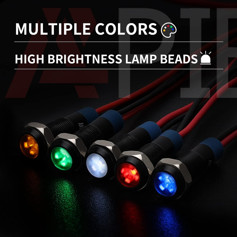 APIELE Indicator Light 6mm 1/4" Waterproof IP65 Metal Signal Lamp 12V-24V AC/DC LED Pilot Dash Lamp Aluminum Red 5 PCS with 150mm Wire for Car Truck Boat (Red) Black Shell-Red