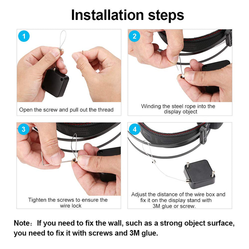 Loradar Retractable Cable Lock with Cable Tether Safety Strap, Wire Rope Safety Lock for Earphone and All Kinds of Exhibits Such As Glasses, Shoes, Key Box, Jewelry, Watches-2 Pack Black5