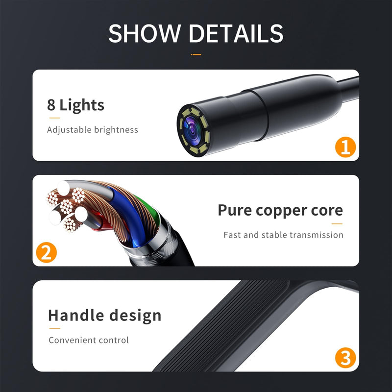 Borescope, Endoscope Camera with Light,Dual Lens Industrial, 1080P HD Inspection Camera - 2m/6.5FT Flexible Cable, IP67 Waterproof, 8+1 Adjustable LED