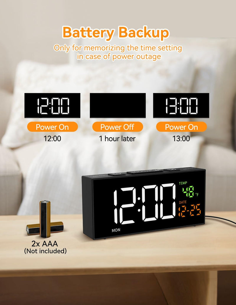 Netzu Alarm Clocks for Bedrooms, Digital Clock with Date Temperature and Weekday, Manual DST, Snooze, 2 Alarms, 4 Volumes for Living Room Home Bedside Desk (Black) Black
