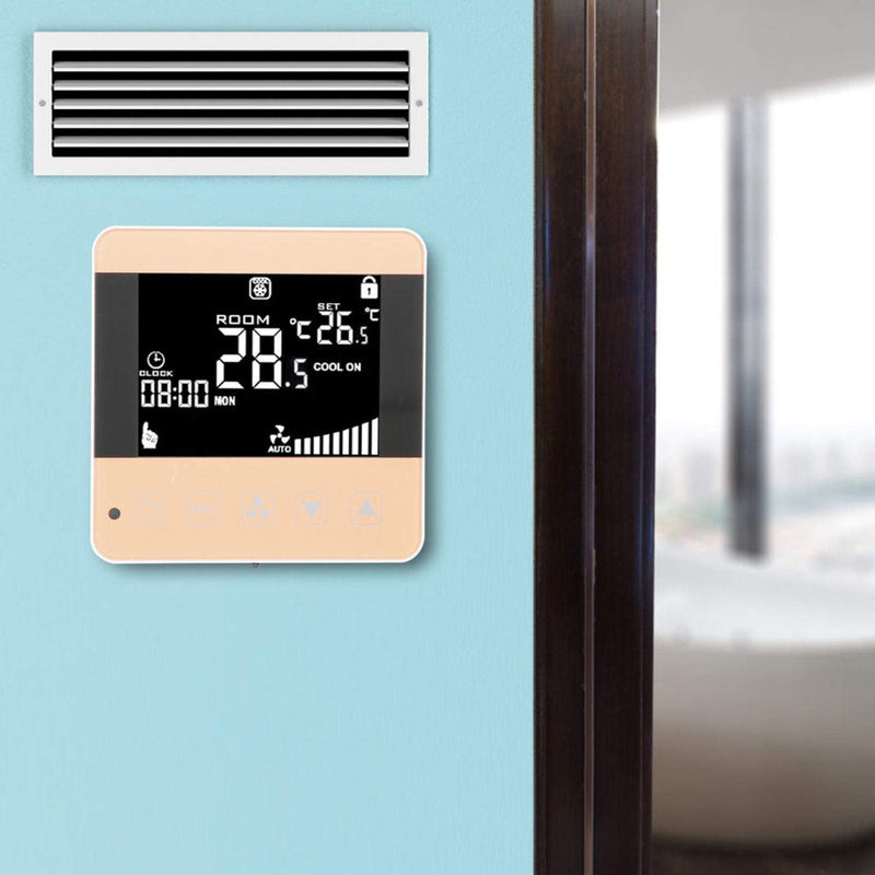 Digital Fan Coil Thermostat for Central AC - Smart Programmable Temperature Controller with LCD Display (5-35°C Range) - 4 Speed Modes, Universal for HVAC Systems (AC200-240V) General Type