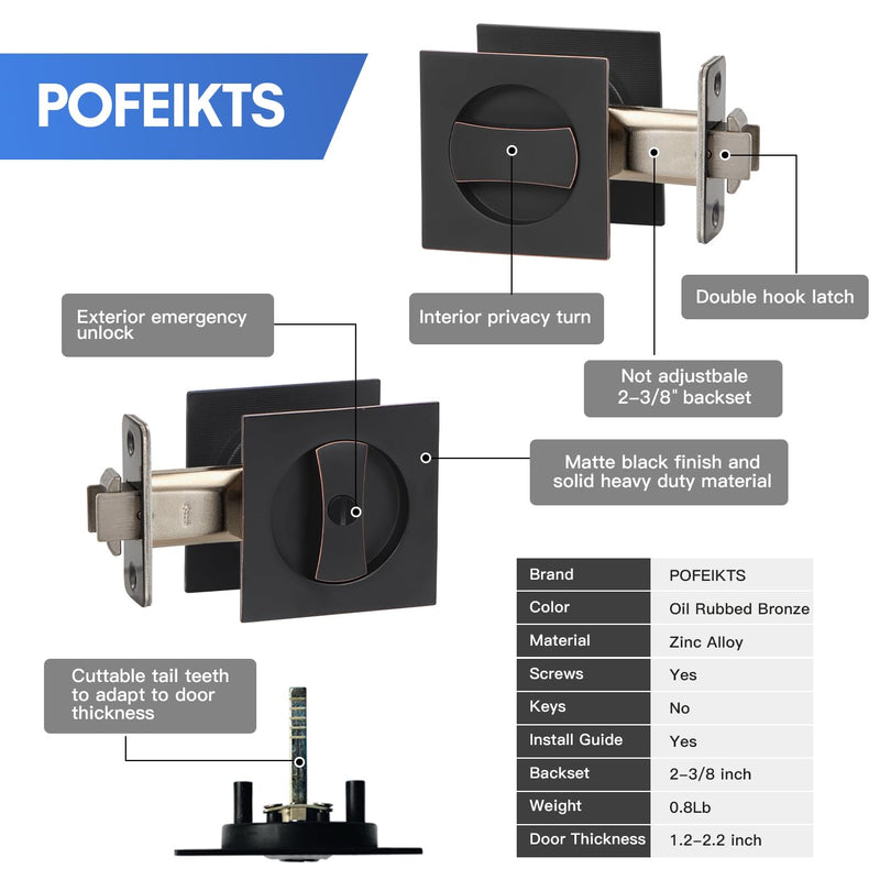 Oil Rubbed Bronze Pocket Door Hardware with Privacy Lock & Latch - Contemporary Style for Square Pocket Doors(1 Pack) Oil Rubbed Bronze