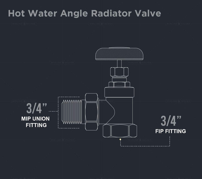 Midline Valve IXW-U034 Heavy Duty Hot Water Steam Radiator Valve; Air Vent Temperature Control; 3/4 in. FIP x Male Union; Brass 3/4" FIP x Male