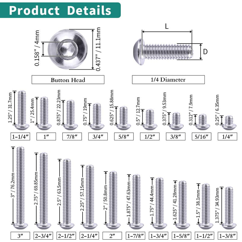 1/4-20 x 3/4" Button Head Socket Cap Bolts Screws, 304 Stainless Steel 18-8, Allen Hex Drive, Bright Finish, Fully Machine Thread, Pack of 25 1/4-20 x 3/4