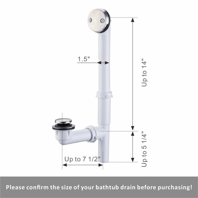 Brushed 1-1/2" Tubular Bath Drain Kit with Tip Toe Bathtub Drain Stopper, Wellup Tub Drain Kit Bath Waste and Overflow Cover, PVC Plastic Pipe for Standard Size Tubs, Brushed Nickel
