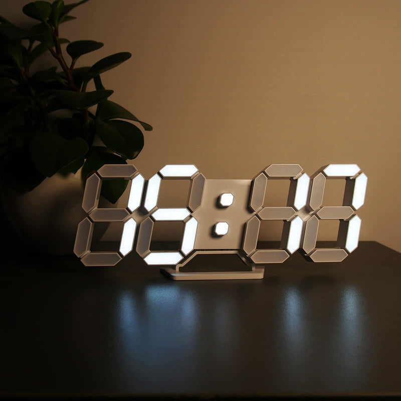 Deeyaple LED Clock, 3D Digital Wall & Desk Alarm Clock with Snooze, Dimmable Display, Time Memory, 12/24H Date & Temperature, Remote Control Night Light for Bedroom, Office, Kitchen, Home (White) White