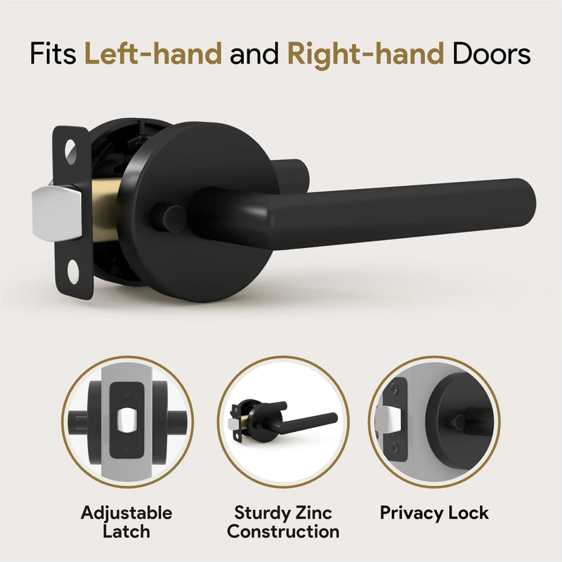 Mega Handles Ronn Privacy Lever & Lock Door Handle Set for Hallway, Closet and Bathroom, Keyless Lock, Heavy Duty Door Levers, Fits All Standard Door Sizes, Screws Included - Matte Black (1 Pack) 1 Pack
