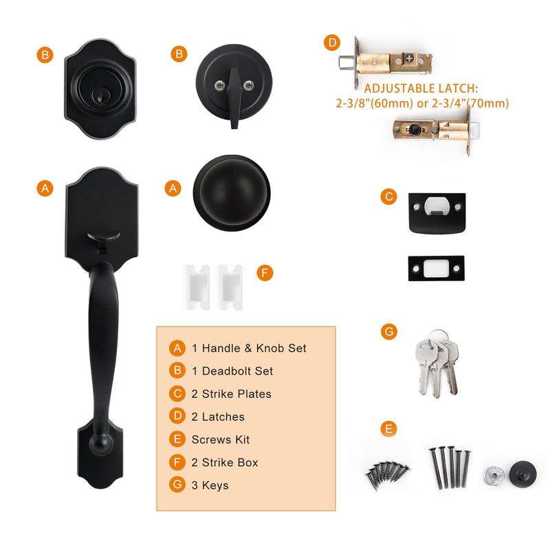 Natsukage Front Door Handle Heavy Duty Entry Lock Matte Black Entrance Set With Single Cylinder Deadbolt and Knob Handle, Reversible for Right & Left Handed Doors