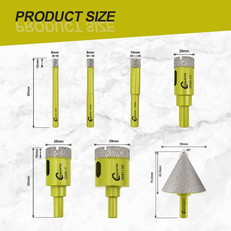 Diamond Core Drill Bits Set - 7pcs (6/8/10/20/25/35mm+50mm Hex Shank Beveling Chamfer Bit) SANLEETEK Hole Saw Kit with Round Shank for Ceramic Tile Porcelain Marble Granite Round Shank Set1
