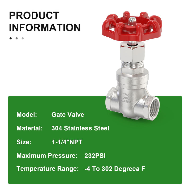 TAISHER 1PCS 304 Stainless Steel Gate Valve, 1-1/4" NPT Female Rotary Sluice Valve With Wheel Handle, For Water, Oil, Gas