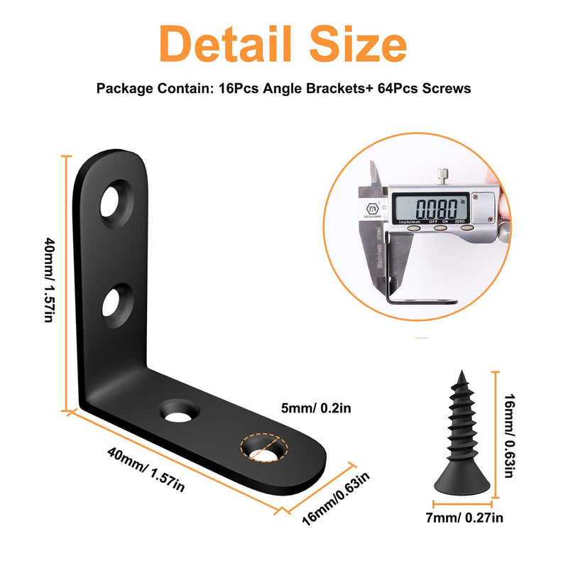 Blingstar L Bracket Stainless Steel Corner Brace 16 Pcs 1.57x1.57 Inch Joint Right Angle Bracket 90 Degree Corner Fastener for Wood Furniture Bedframe Cabinet Drawer Chair, with 64 Pcs Screws, Black 16Pcs