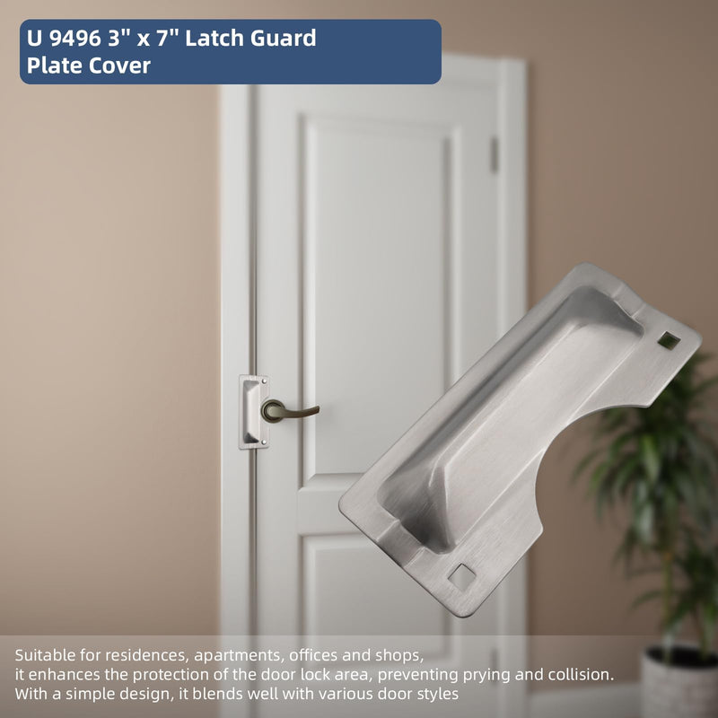 U9496 Latch Guard Plate 3" x 7" Stainless Steel for Out-Swing Doors | Helps reinforce door latch areas to resist prying, tampering and forced entry while maintaining a clean finished appearance.