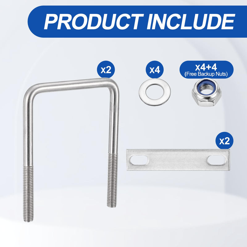 METALLIXITY U Bolts 2Set (M10x75x120mm), Square U Bolt Kits 304 Stainless Steel with Nylon Lock Nut Washers Plates - for Construction, Pipe, Trailer, Automotive, Leaf Spring Fastener M10x75x120mm 2