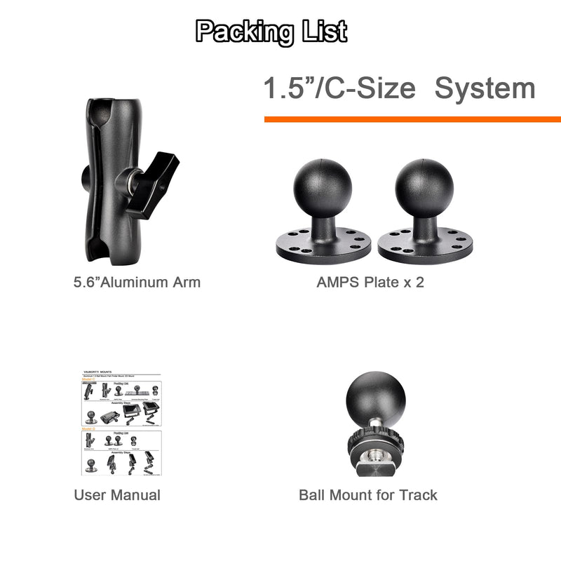 VAUBORTTI Aluminum 1.5" Ball Mount for Garmin Striker 4 Fish Finder, Tablet GPS iPad Marine Truck Use,Compatible with RAM C Size, 2 AMPS Round Plate & T-Bolt for Kayak or Boat Track Rail Mounting