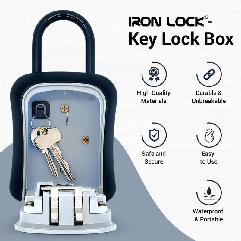 Iron Lock® - Key Lock Box Portable and Wall Mounted with Removable Shackle Indoor Outdoor Waterproof 4 Digit Combination with Resettable Code with A B Switch Key Lockbox for Outside Hold 5 Spare Keys Gray Medium-U