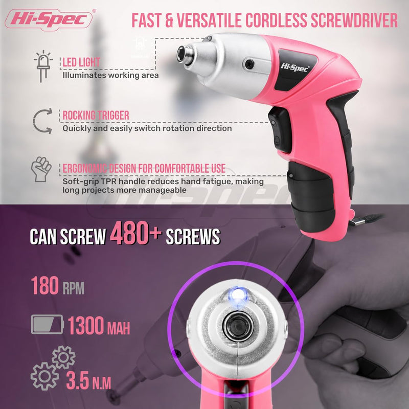 Hi-Spec 3.6V Cordless Electric Screwdriver and Tool Kit for DIY, Pink Light Pink