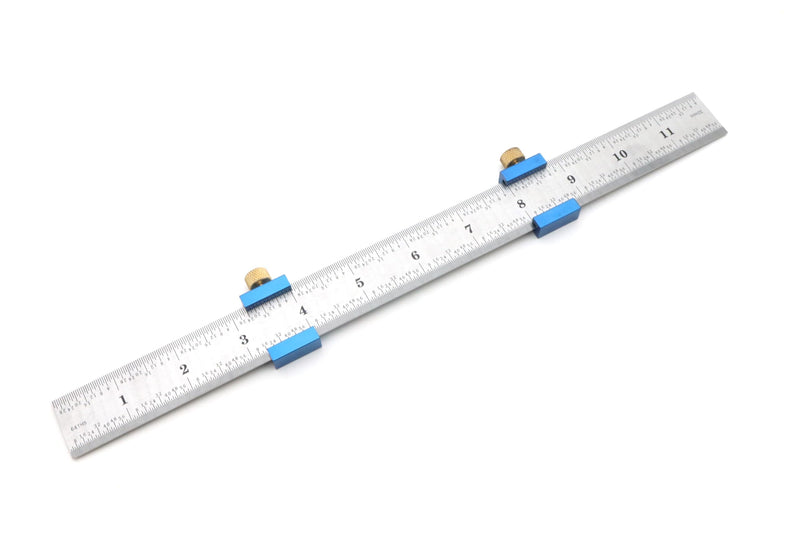 Taytools Anodized Aluminum Ruler Stops on 12” Stainless Steel Machinist Ruler with 1/8th, 1/16th, 1/32nd, & 1/64th Inch (4R) Graduations