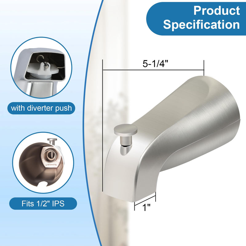 5 1/4 Inch Bathroom Brushed Nickel Tub Spout with Diverter, for 1/2'' IPS Inside Thread, Bathtub Faucet for Wall Front Mount, Bath Tub Faucet Compatible with Westbrass E531D-1F-62