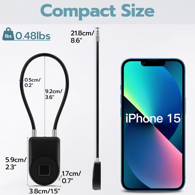 Fingerprint Cable Lock, 3.6'' Long Shackle Fingerprint Lock with Bluetooth APP, Smart Keyless Biometric Waterproof Outdoor Smart Padlock for Gate Fence Locker Cabinet Gym Backyard Black 3.6'' Shackle