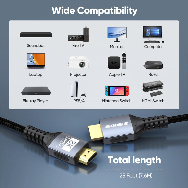 8K Long HDMI Cable 25 FT, 48Gbps Ultra High Speed HDMI 2.1 Cable Braided Cord, 8K@60Hz 4K@120Hz, eARC, HDR10+, HDCP 2.3 for Long-Distance TV/Laptop/PC/Monitor/PS5/X-box/Projector/Blu-ray