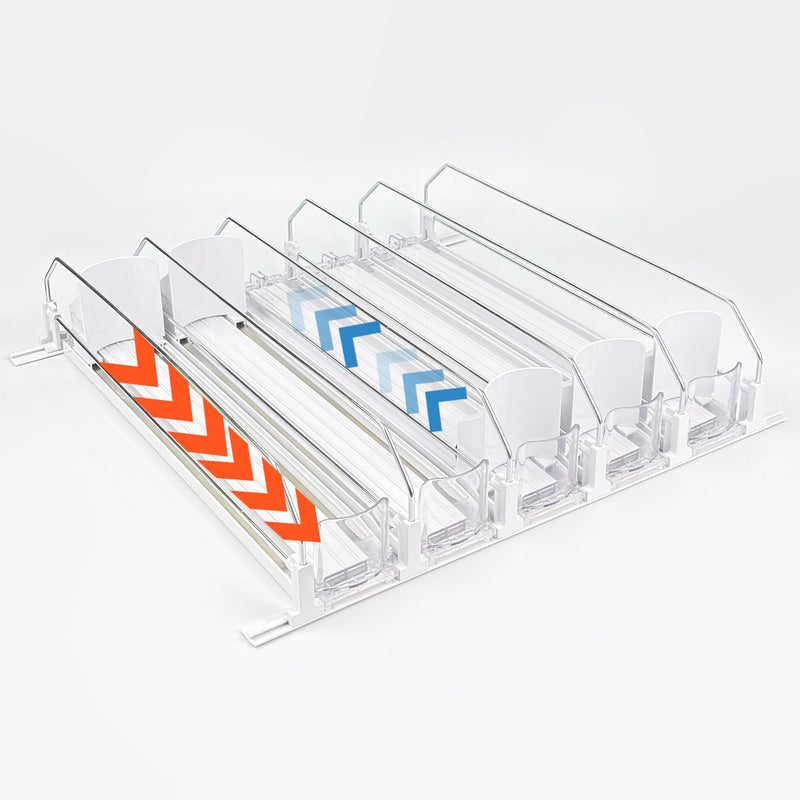 Drink Organizer for Fridge, Self Pushing Soda Can Dispenser for Refrigerator, Automatic Beverage Pusher Glide Beer Water Bottle Holder -5 Rows, White 15" D × 16.1"W × 3.4"H - 5 Rows