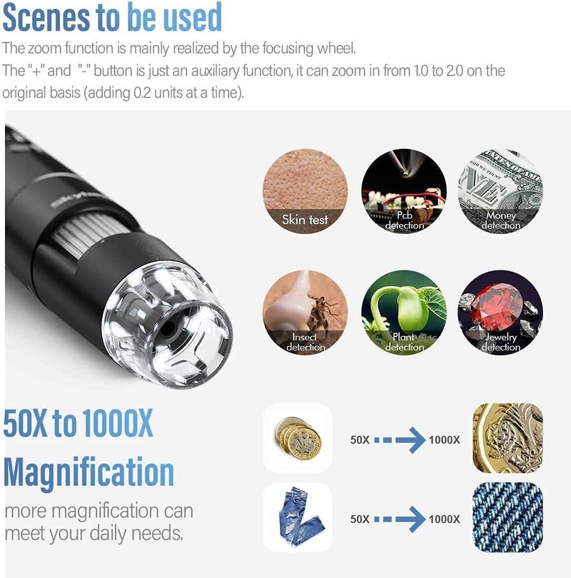 Digital Microscope, Skybasic 50X-1000X Magnification Portable Handheld Microscopes with Adjustable Stand HD USB Microscope Camera Compatible with iPhone Android Windows Mac Computer