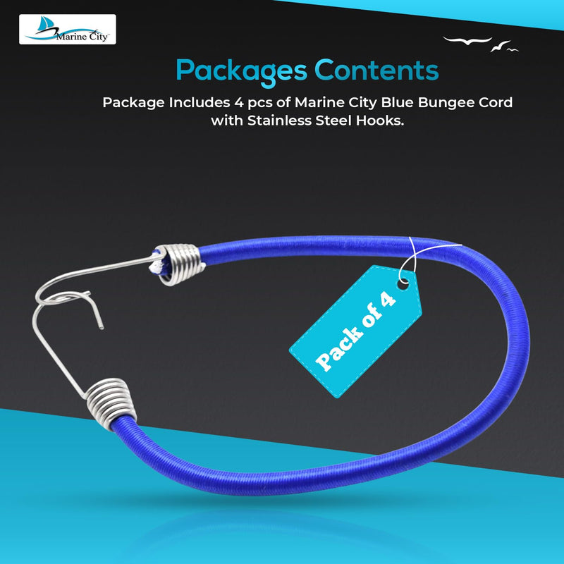 MARINE CITY Blue Bungee Cord with Stainless Steel Hook – 32 Inches, Durable, Weatherproof for Marines, Boats, Camping, Ships, Tie Downs Bungee Cord (Pack of 4)
