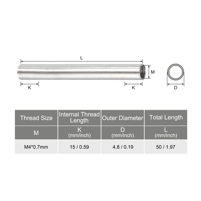 MECCANIXITY Round Coupling Nut, M4x0.7mm Female Thread 50mm Threaded Round Sleeve Connector Rod Bar Stud Tube Nut Hardware Fastener, Silver Pack of 30