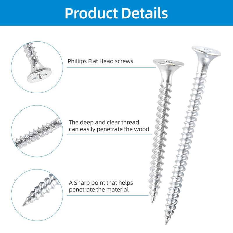 High Hardness #6 Drywall Screws Assortment Kit,Zinc Wood Screws 170pcs (3/4",1",1-1/4",1-1/2",2"),Phillips Drive, Flat Head Self Tapping Dry Wall Screws, Assorted Sheetrock Screws,Screw,Screws Set Silver