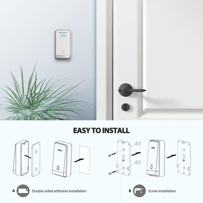 TECKNET Wireless Doorbell, Self-Powered Doorbell, 0-110db Plug-through Wireless Doorbell Ringer for Homes Classroom, IP66 Waterproof 1300ft Door Chime with Extra Socket, 60 Chimes, LED Light (White) 2 Receivers + 1 Button White