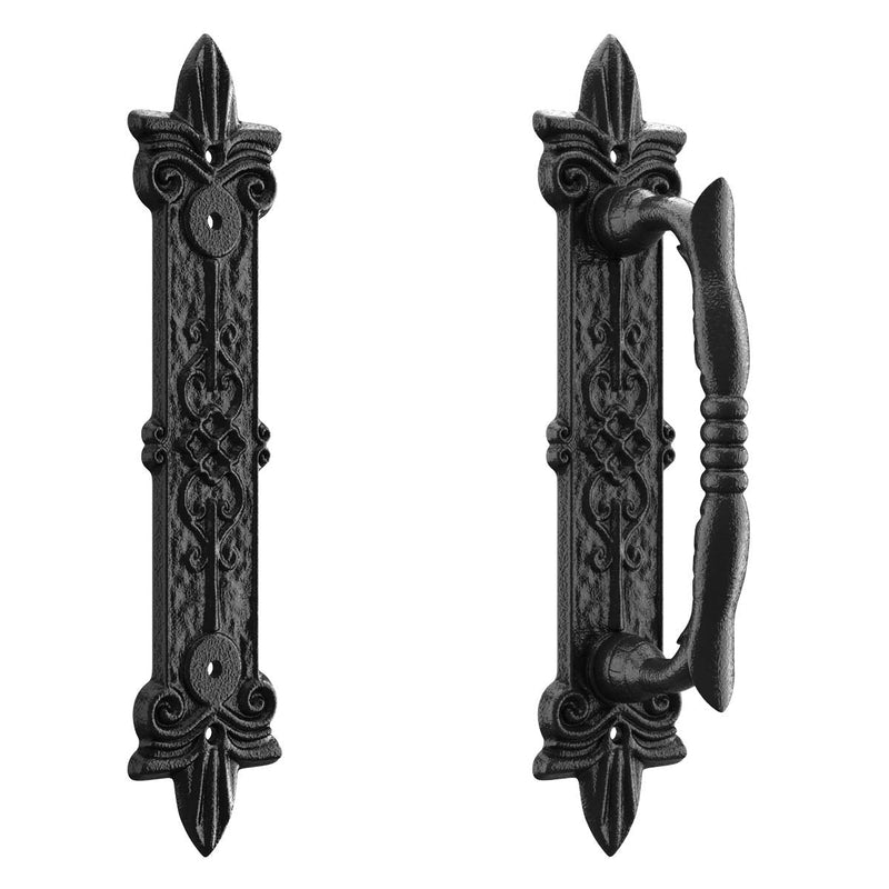 SMARTSTANDARD Heavy Duty 9" Antique Barn Door Handle Set of 2, Large Rustic Carved Door Pull, for Gates Garages Sheds, Black Powder Coated Finish 2 handles