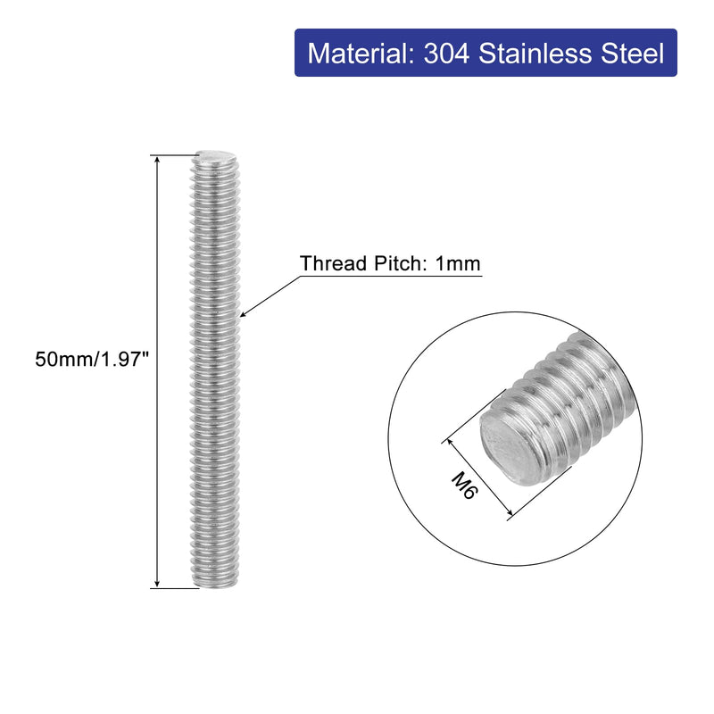 uxcell 4Pcs Fully Threaded Rod, M6 x 50mm 304 Stainless Steel Right Hand Thread Bar Studs M6-1 Thread Pitch for Furniture Machinery Assembly 4