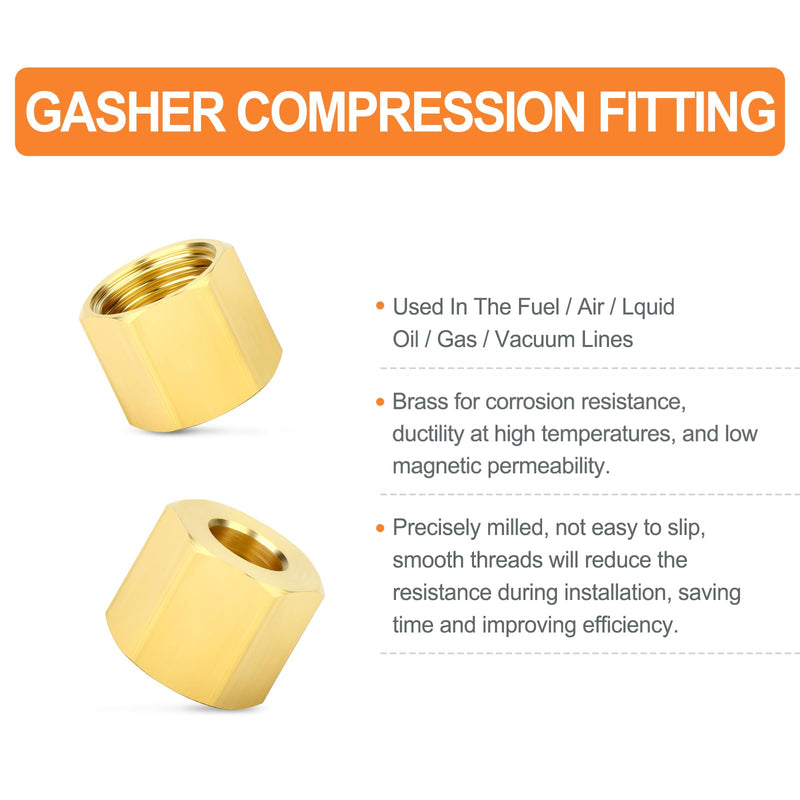 GASHER 20PCS Brass 1/4" Compression Fitting, Brass Compression Nut 1/4" OD(Compression Nut) 20