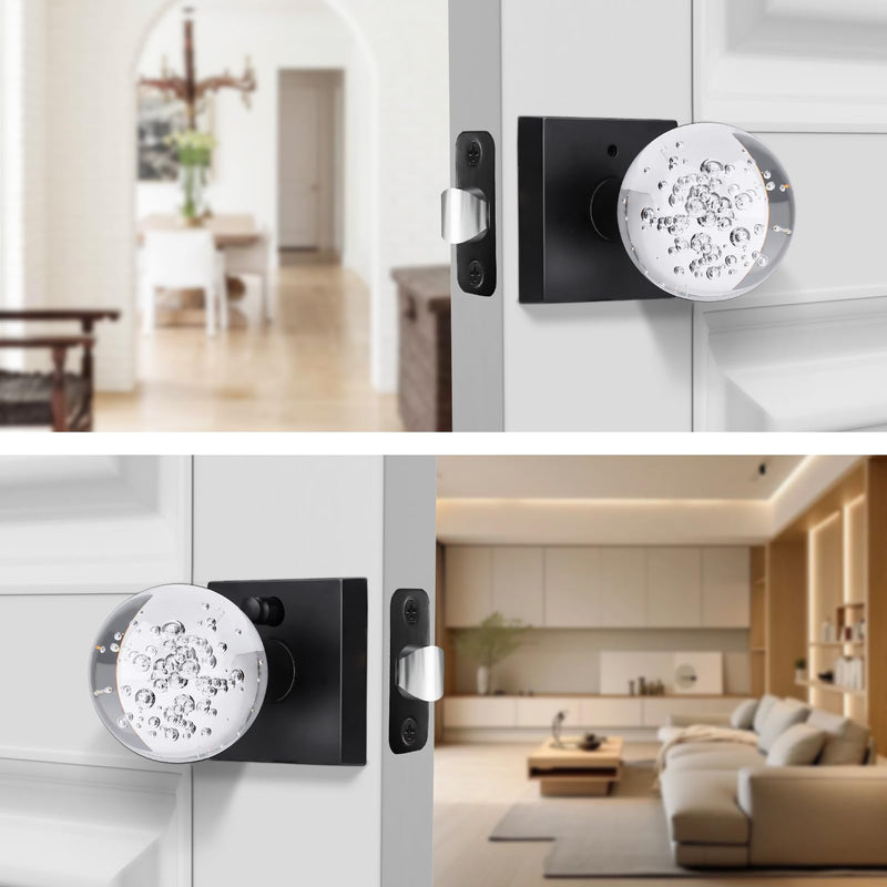 Glass Crystal Door Knobs Interior with Lock, Round Clear Bubble Ball Modern Classic Matte Black Privacy Door Knobs for Bedroom Bathroom