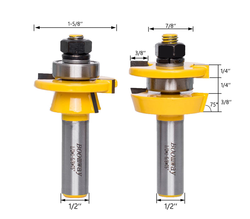 Shaker Style Rail and Stile Router Bits Set, for Cabinet Door, 1/2 Inch Shank, 3/8 Inch Cutting Depth, Up to 7/8 Inch Stock, Professional Carbide Milling Cutters for Woodworking