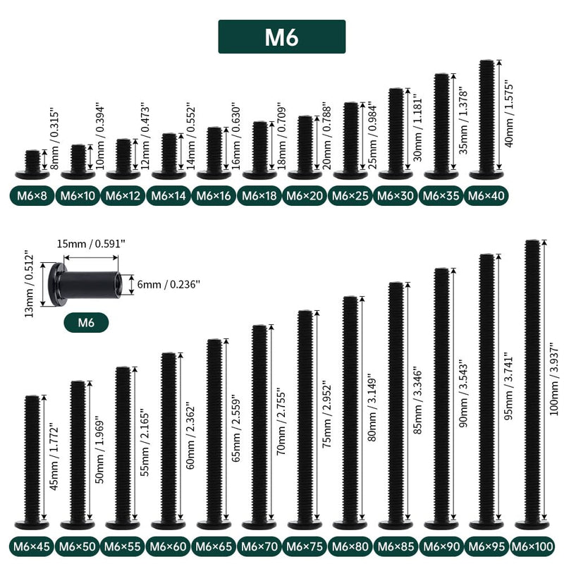 M6-1.0 x 20mm Flat Head Binding Screws with M6 x 15mm Binding Nuts Set 10 Sets, 18-8 (304) Stainless Steel Flat Head Binding Screws, Black Coated, Fayeploo (with Hex Wrench) M6-1.0 x 20mm