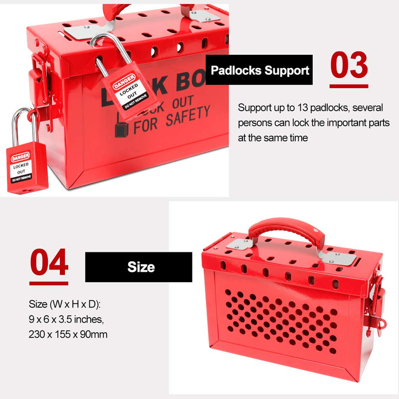 WISAMIC Group Lockout Tagout Lock Box: with 13 Slots Portable Safety Lockout Box Steel Red