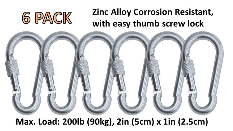 Black & Silver Heavy Duty Bushcraft Locking Thumb Screw Closure Zinc-Galvanized Steel Carabiner Spring Snap Clip Link Hooks 200-400lb Load. 6 & 12 Packs 5cm 6-Pack Silver