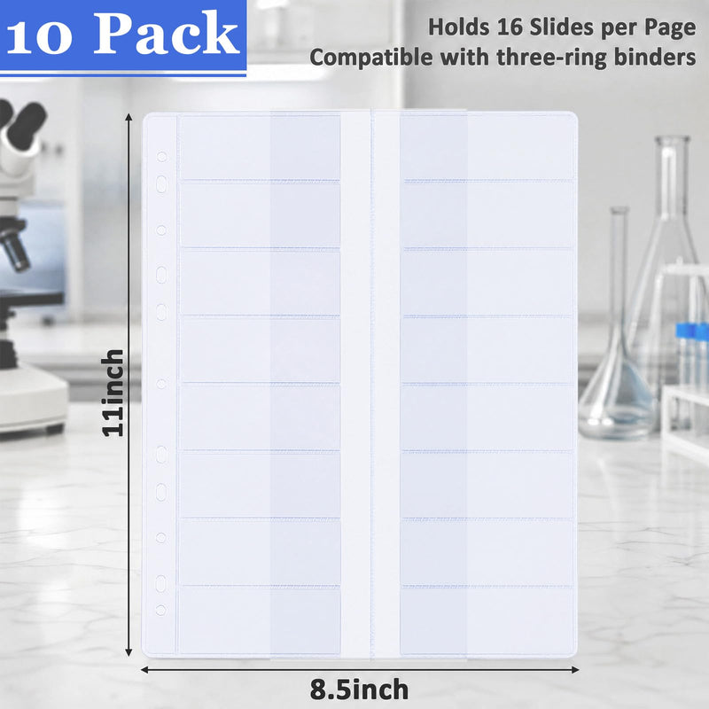 Sabary 10 Pack Microscope Slide Holder Pages for 3 Ring Binder, Holds 160 Standard 25 x 75 mm Glass Slides, Clear Slide Storage Sheets for Lab, School, Research, Specimen Collection Organizer