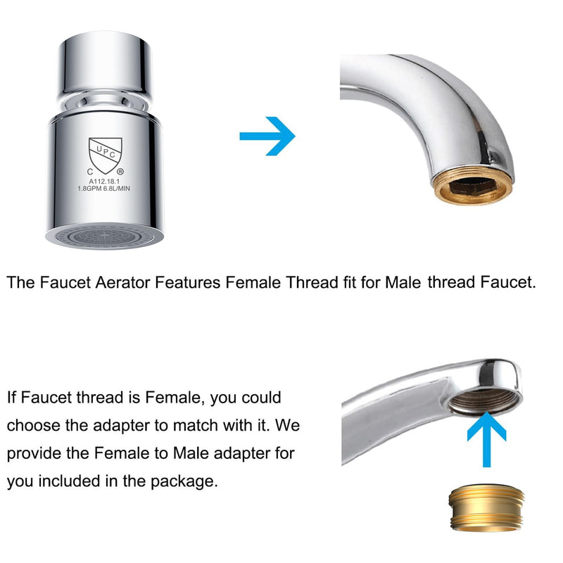Hibbent NSF/ANSI/CAN 61 Certified Faucet Aerator, CUPC Certification 360° Swivel Kitchen Sink Aerator, Dual-function Sprayer Faucet Head, Faucet Replacement Part 55/64 Inch Female Thread - Chrome 1 - NewNest Australia