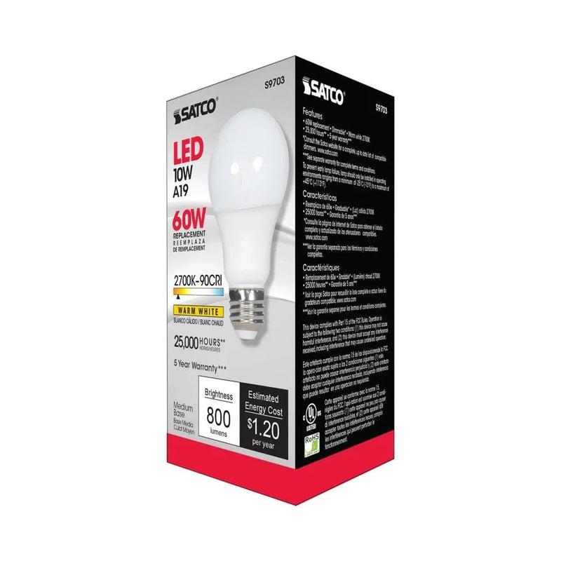 Satco S9703 10W A19 LED Light Bulb, 2700K Warm White, 800 Lumens, 90+ CRI, Frosted, 220° Beam Spread, Medium E26 Base, Dimmable, 120V, 25,000 Hr, Enclosed Fixture Rated, Energy Saving (6 Pack)